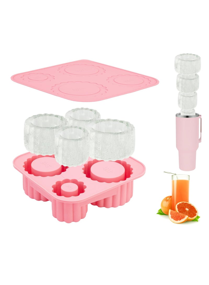 Ice Cube Tray for Stanley Cup, Silicone Ice Cube Mold With Lid for 20oz 30oz 40oz Tumblers, Easy Fill and Release, 4 Hollow Cylinder Ice Tray for Whiskey, Cocktails, Drinks, Coffee, Pink