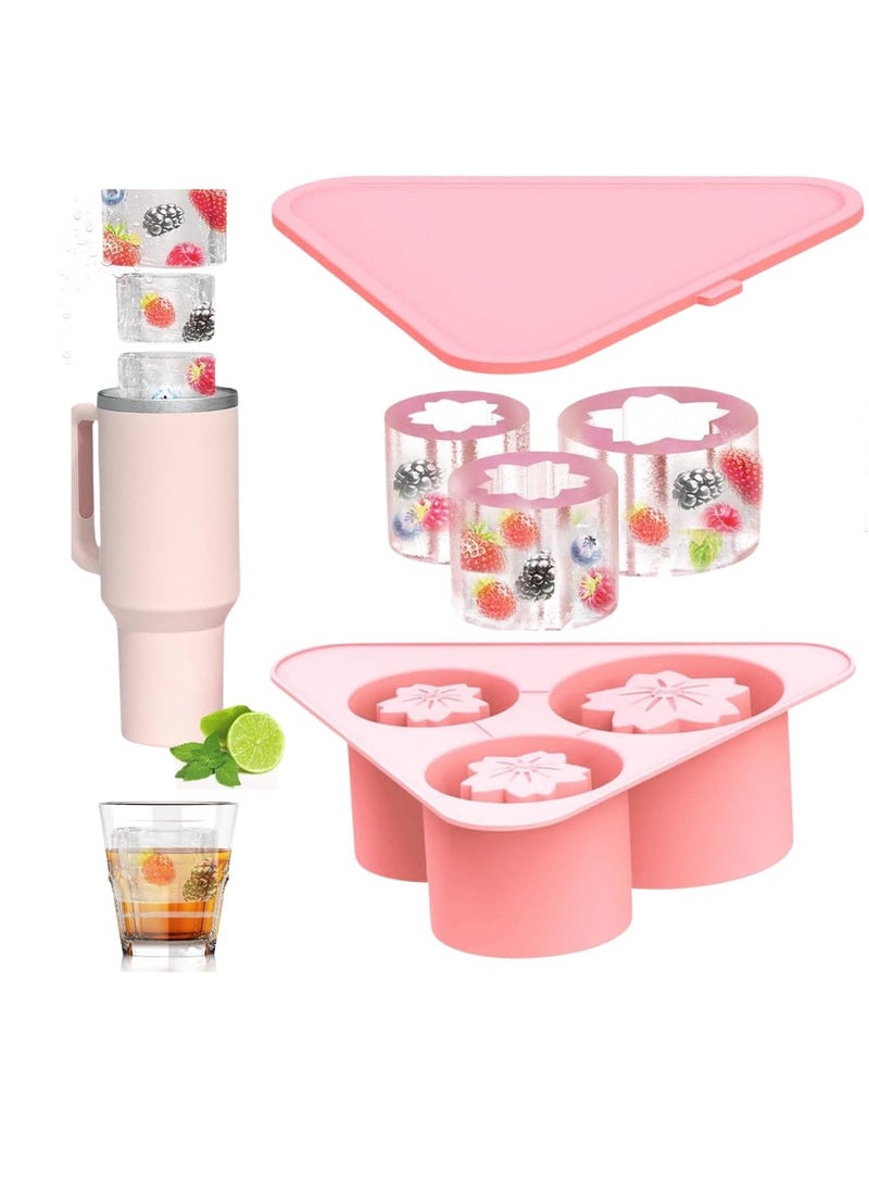 Ice Cube Tray for Stanley Cups, 3 Pack Flower Silicone Ice Mold with Lid for 20 oz 30 oz 40 oz Stanley Cup, Easy Release, BPA Free, Slow Melting Ice Mold for Whiskey, Cocktail,Coffee, Drink, Pink