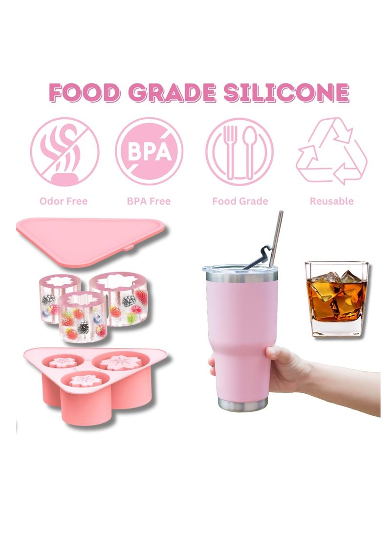 Ice Cube Tray for Stanley Cups, 3 Pack Flower Silicone Ice Mold with Lid for 20 oz 30 oz 40 oz Stanley Cup, Easy Release, BPA Free, Slow Melting Ice Mold for Whiskey, Cocktail,Coffee, Drink, Pink