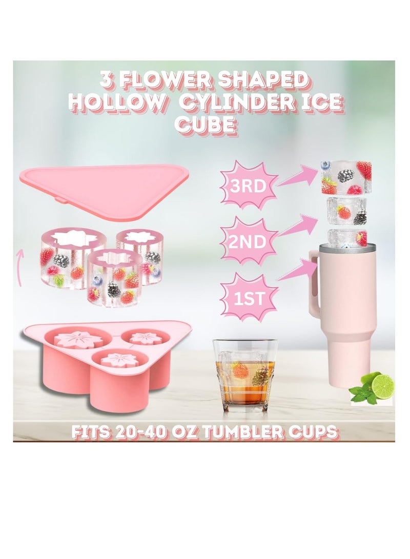 Ice Cube Tray for Stanley Cups, 3 Pack Flower Silicone Ice Mold with Lid for 20 oz 30 oz 40 oz Stanley Cup, Easy Release, BPA Free, Slow Melting Ice Mold for Whiskey, Cocktail,Coffee, Drink, Pink