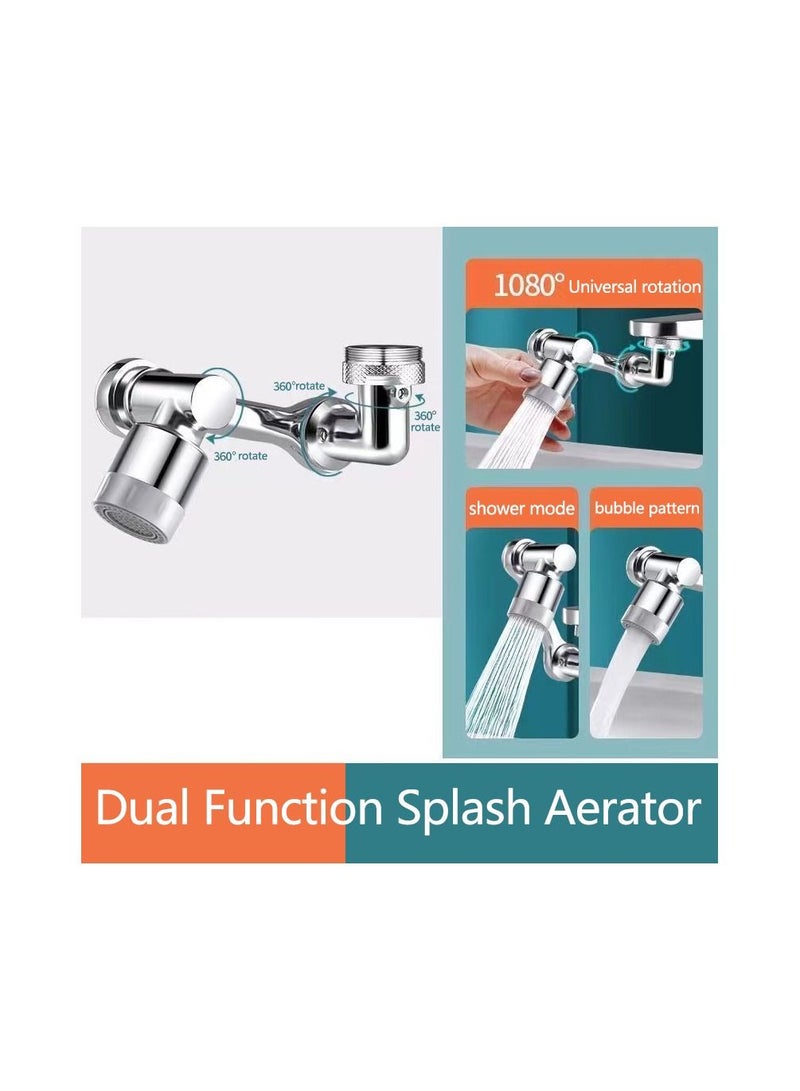 1-Piece Robotic Arm 1080 Degree Rotating Universal Faucet, Double Adjustment Multi-function Faucet Extender, Splash-Proof Multi-Joint Faucet,Colour Silver