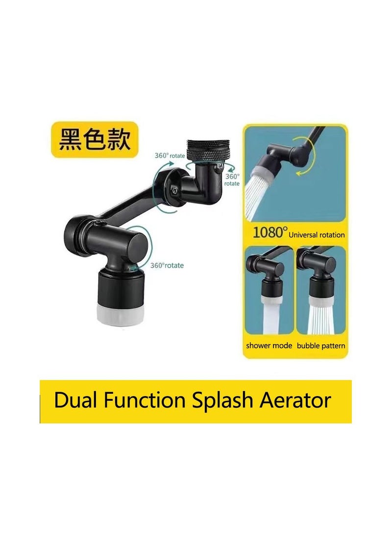 1-Piece Robotic Arm 1080 Degree Rotating Universal Faucet, Double Adjustment Multi-function Faucet Extender, Splash-Proof Multi-Joint Faucet,Colour Black