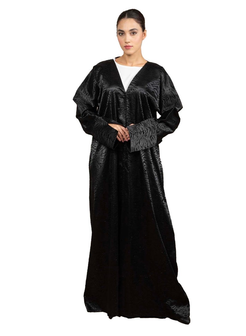 Front Open Black Jacquard Abaya