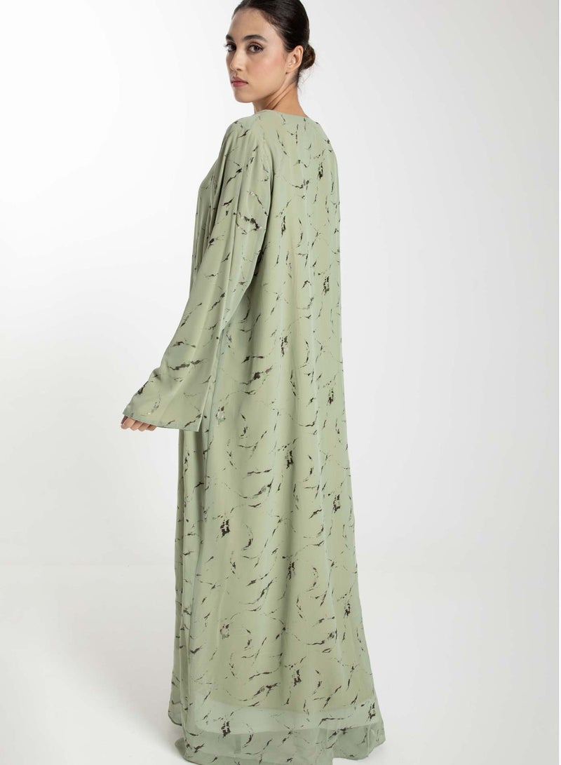 Minimalist Printed Chiffon Green Abaya with Matching Headscarf