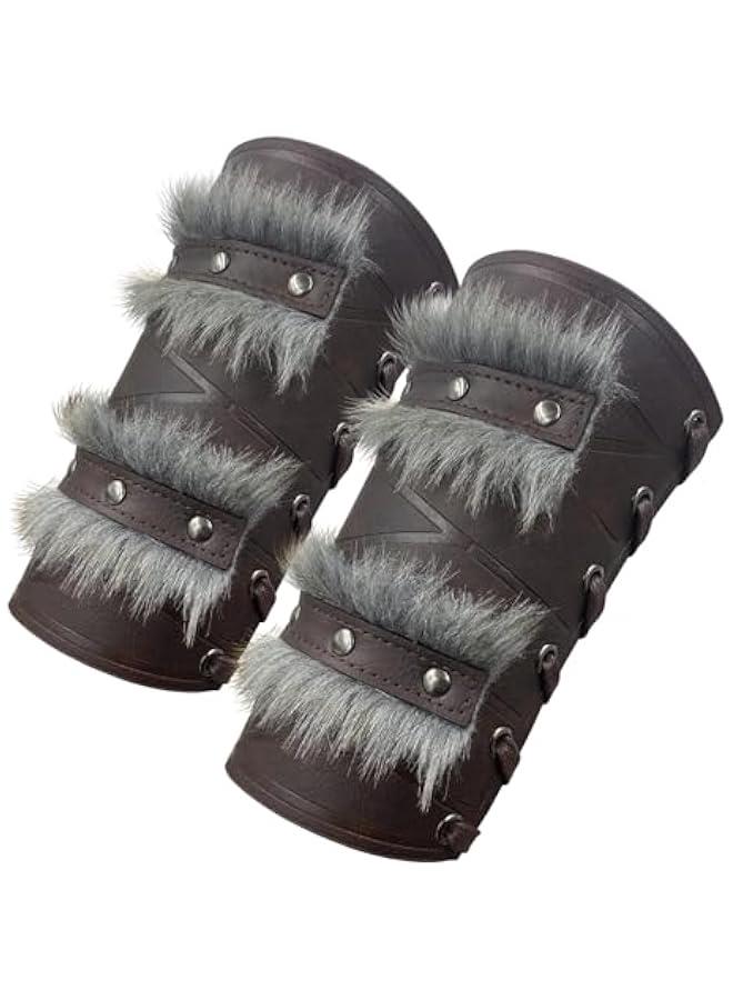 Nordic Viking Barbarian Arm Guards, Medieval Artificial Fur Gauntlets, Vintage Faux Leather Bracers for LARP