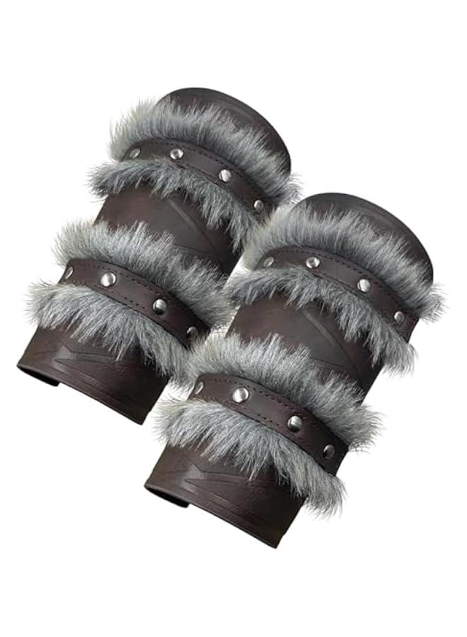 Nordic Viking Barbarian Arm Guards, Medieval Artificial Fur Gauntlets, Vintage Faux Leather Bracers for LARP