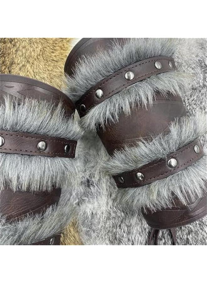 Nordic Viking Barbarian Arm Guards, Medieval Artificial Fur Gauntlets, Vintage Faux Leather Bracers for LARP