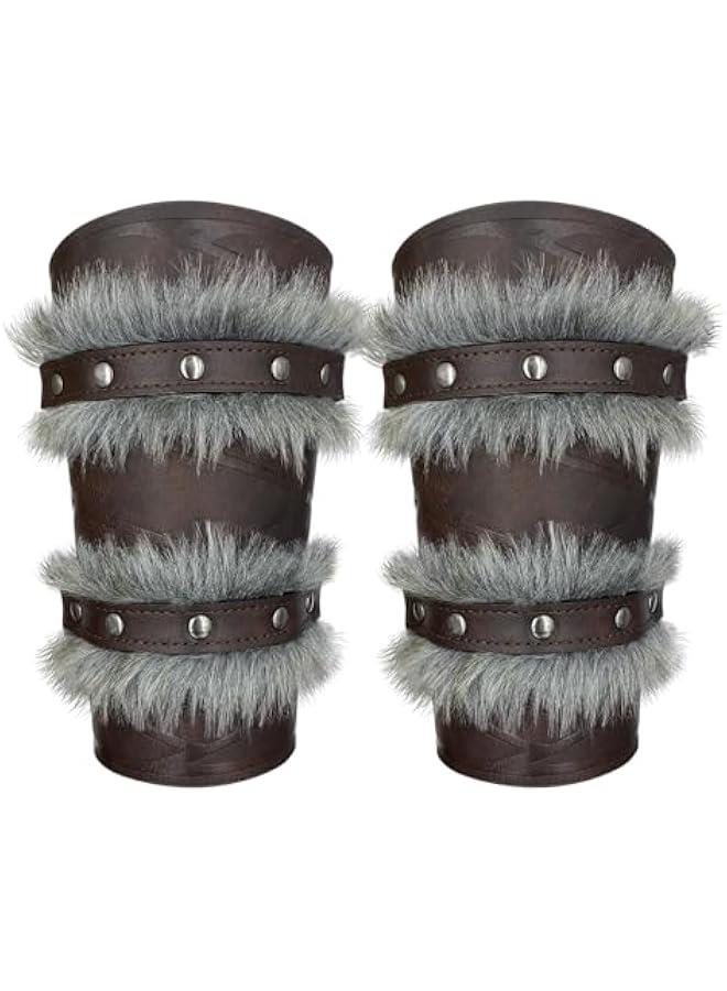 Nordic Viking Barbarian Arm Guards, Medieval Artificial Fur Gauntlets, Vintage Faux Leather Bracers for LARP