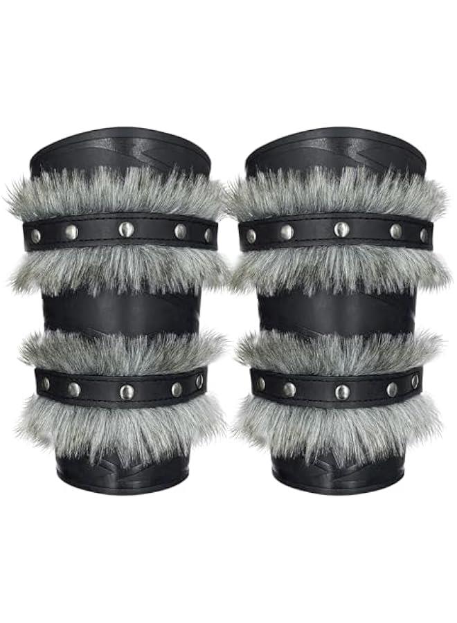 Nordic Viking Barbarian Arm Guards, Medieval Artificial Fur Gauntlets, Vintage Faux Leather Bracers for LARP