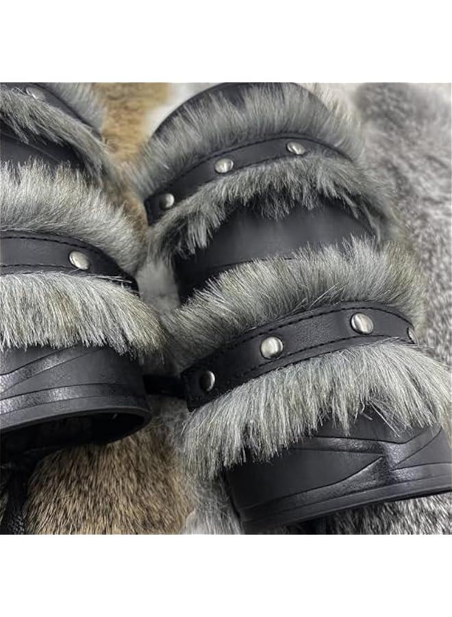 Nordic Viking Barbarian Arm Guards, Medieval Artificial Fur Gauntlets, Vintage Faux Leather Bracers for LARP