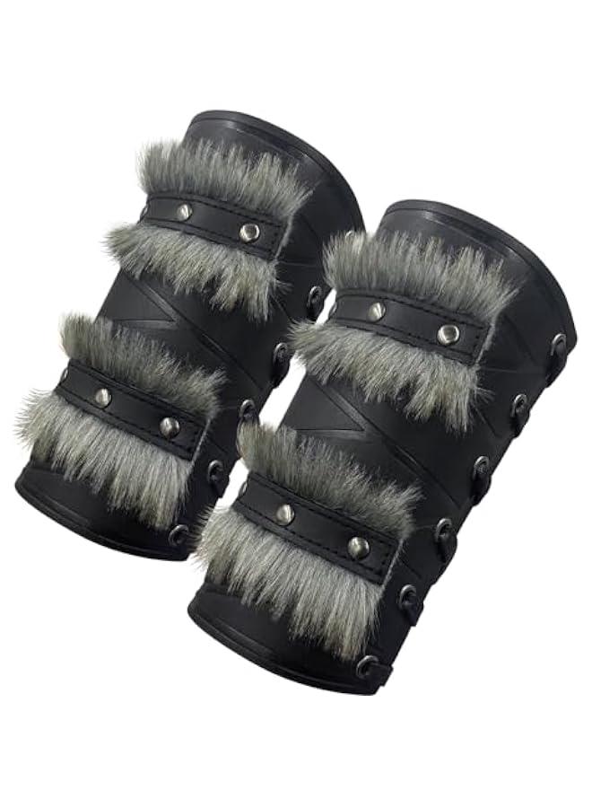 Nordic Viking Barbarian Arm Guards, Medieval Artificial Fur Gauntlets, Vintage Faux Leather Bracers for LARP