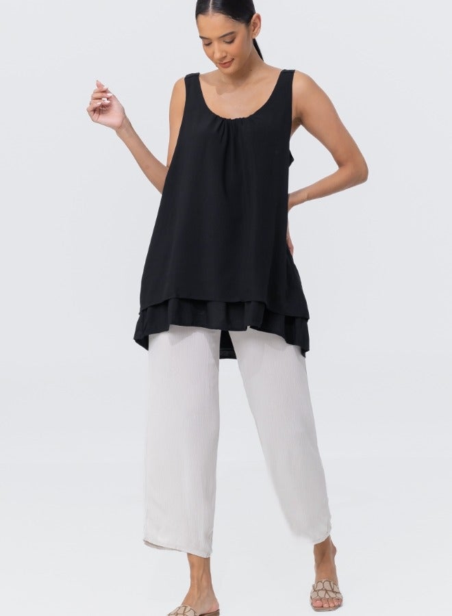 Sleeveless Layered Asymmetrical Hem Tunic Top - Black