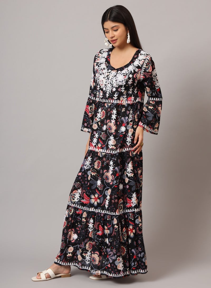 Hand Embroidered Chikankari A-Line Gathering Pattern Mulmul Cotton Jalabiya-AL3673