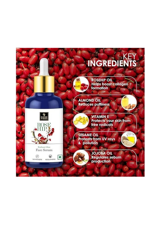 Good Vibes Rose Hip Radiant Glow Face Serum - Vitamin A & Essential Fatty Acids Help Delay Signs of Ageing, Reduce Dark Spots Moisturise Skin - Light Weight, Non-Sticky Refreshing Texture 30 ml