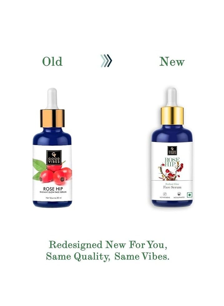 Good Vibes Rose Hip Radiant Glow Face Serum - Vitamin A & Essential Fatty Acids Help Delay Signs of Ageing, Reduce Dark Spots Moisturise Skin - Light Weight, Non-Sticky Refreshing Texture 30 ml