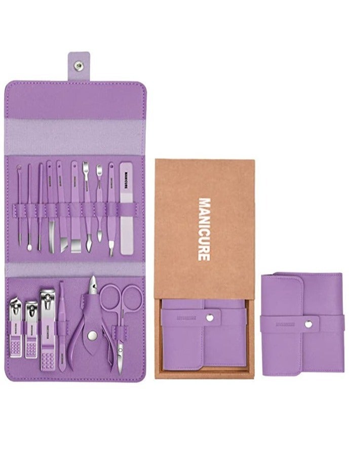 Nail Clippers Portable Set Stainless Steel Nail Clippers Set with Folding Bag Manicure Set Professional Nail Clippers Kit Pedicure Care Tools Nail Cutter Set Makeup Beauty Tool (Purple,16PCS)