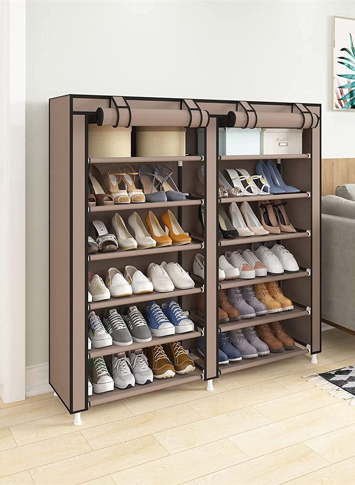 12-Layer Double Dust Proof and Damp Cabinet Shoe Rack, Steel Pipe, Non-Woven Cloth Brown