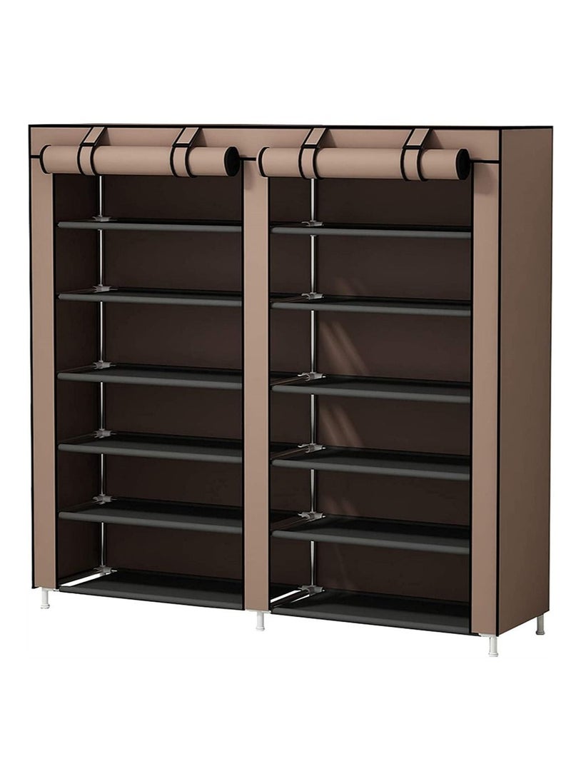 12-Layer Double Dust Proof and Damp Cabinet Shoe Rack, Steel Pipe, Non-Woven Cloth Brown