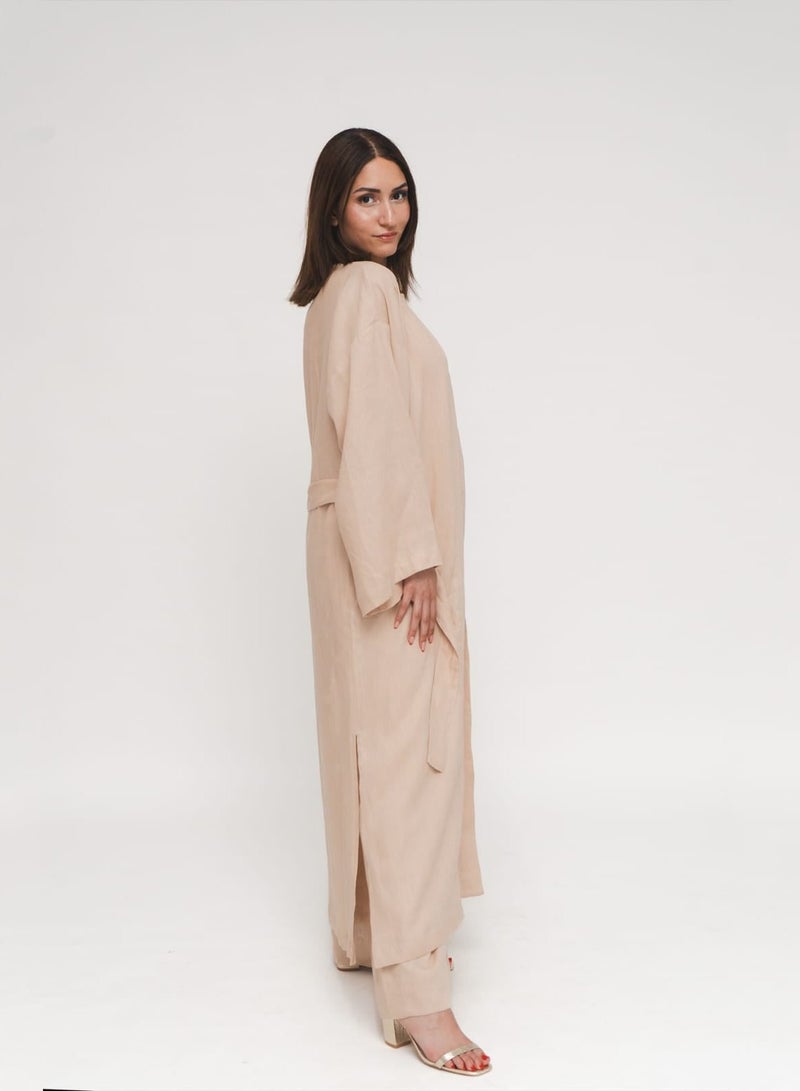 Reese, Italian Linen Kimono Midcalf Jacket in Beige