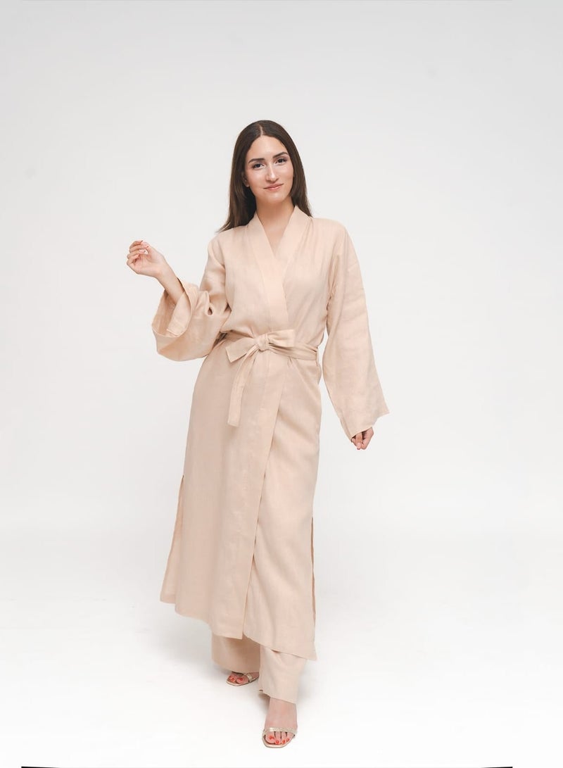 Reese, Italian Linen Kimono Midcalf Jacket in Beige