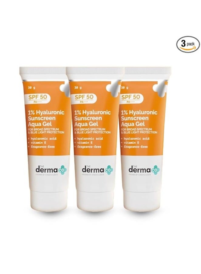 The Derma Co 1% Hyaluronic Sunscreen SPF 50 Aqua Gel, PA++++, Lightweight, No white-cast for Broad Spectrum & Blue Light Protection for Oily, Dry, Acne-prone Skin - 30g (Pack of 3)