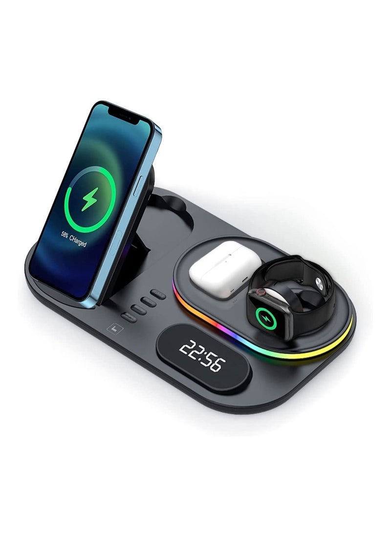 4 in 1 Wireless Charger Station,15W Qi Wireless Fast Charging Stand, Foldable LED Station Charger Stand, Fast Charger Stations for Apple iPhone 13/12/AirPods/Pro/iWatch/Samsung S20/S10 Black