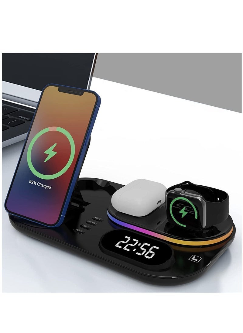 4 in 1 Wireless Charger Station,15W Qi Wireless Fast Charging Stand, Foldable LED Station Charger Stand, Fast Charger Stations for Apple iPhone 13/12/AirPods/Pro/iWatch/Samsung S20/S10 Black