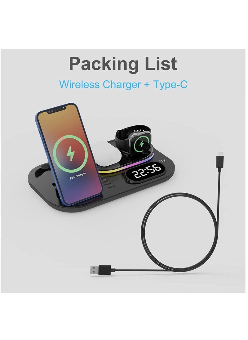 4 in 1 Wireless Charger Station,15W Qi Wireless Fast Charging Stand, Foldable LED Station Charger Stand, Fast Charger Stations for Apple iPhone 13/12/AirPods/Pro/iWatch/Samsung S20/S10 Black