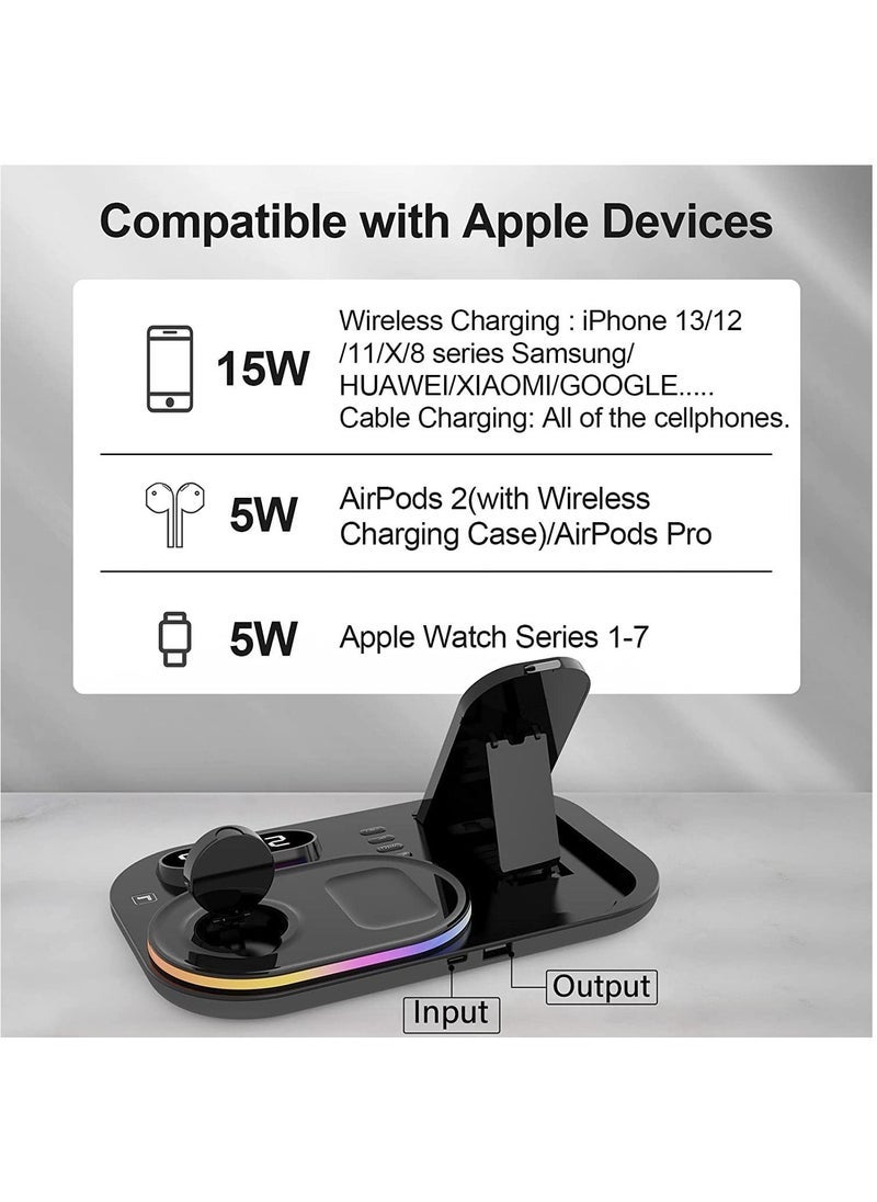 4 in 1 Wireless Charger Station,15W Qi Wireless Fast Charging Stand, Foldable LED Station Charger Stand, Fast Charger Stations for Apple iPhone 13/12/AirPods/Pro/iWatch/Samsung S20/S10 Black