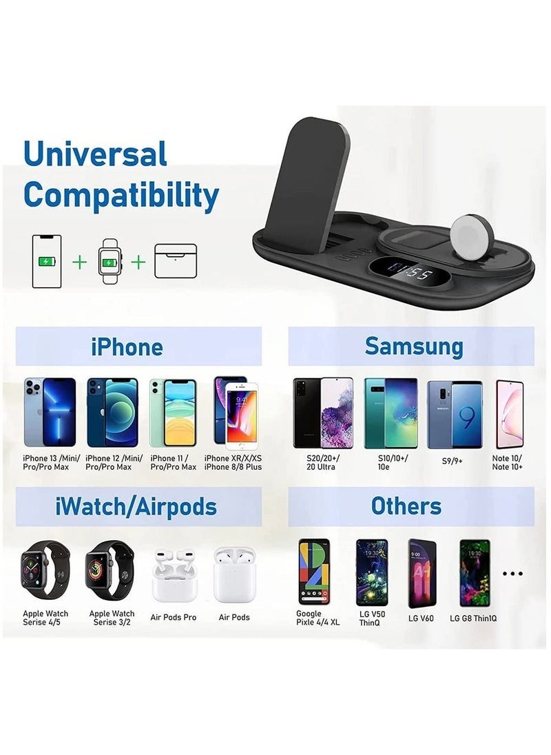 4 in 1 Wireless Charger Station,15W Qi Wireless Fast Charging Stand, Foldable LED Station Charger Stand, Fast Charger Stations for Apple iPhone 13/12/AirPods/Pro/iWatch/Samsung S20/S10 Black