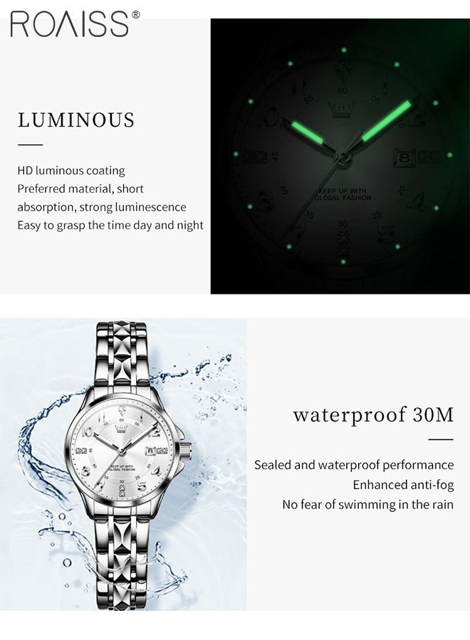 Stainless Steel Strap Couple Quartz Watch Set, Analog Display Round Dial with Rhinestones Decoration, Luxurious Luminous Waterproof Calendar Watch Gift for Men Women, Silver