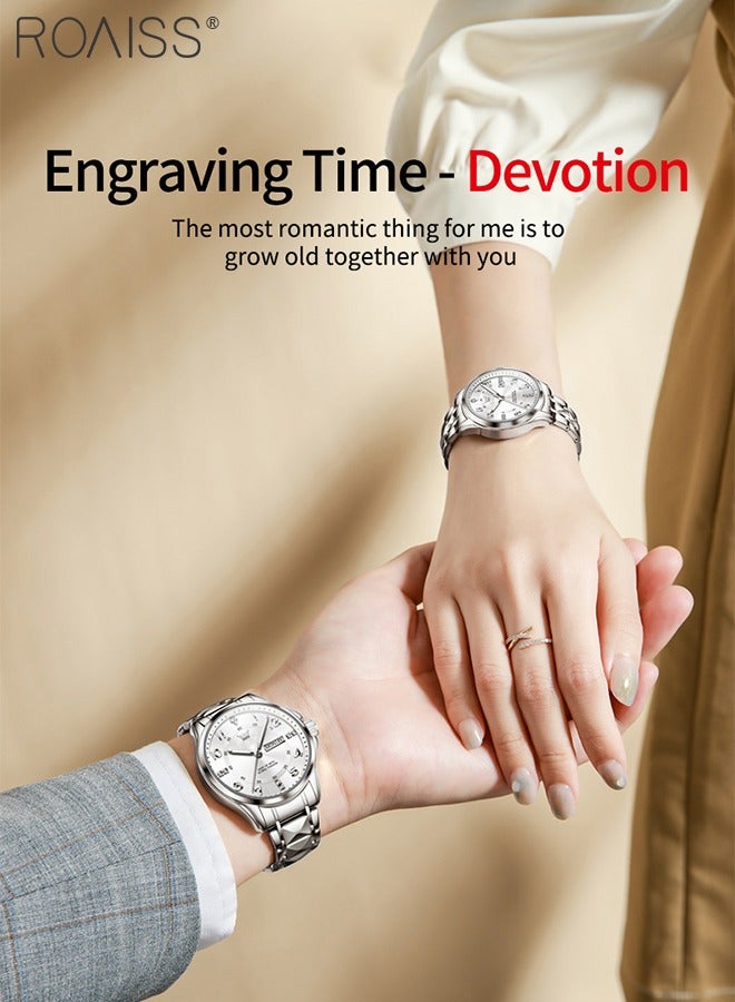 Stainless Steel Strap Couple Quartz Watch Set, Analog Display Round Dial with Rhinestones Decoration, Luxurious Luminous Waterproof Calendar Watch Gift for Men Women, Silver