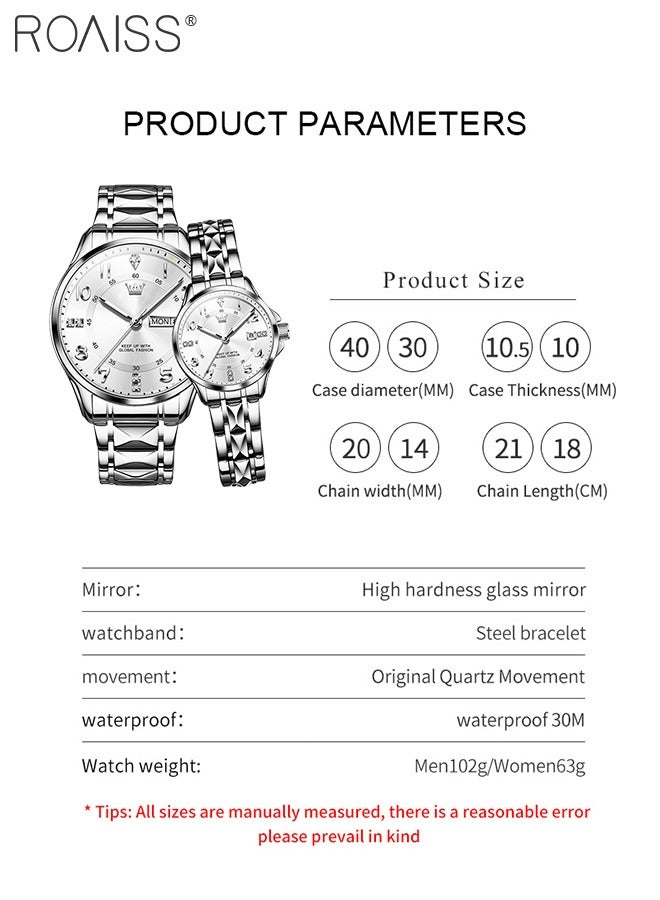 Stainless Steel Strap Couple Quartz Watch Set, Analog Display Round Dial with Rhinestones Decoration, Luxurious Luminous Waterproof Calendar Watch Gift for Men Women, Silver