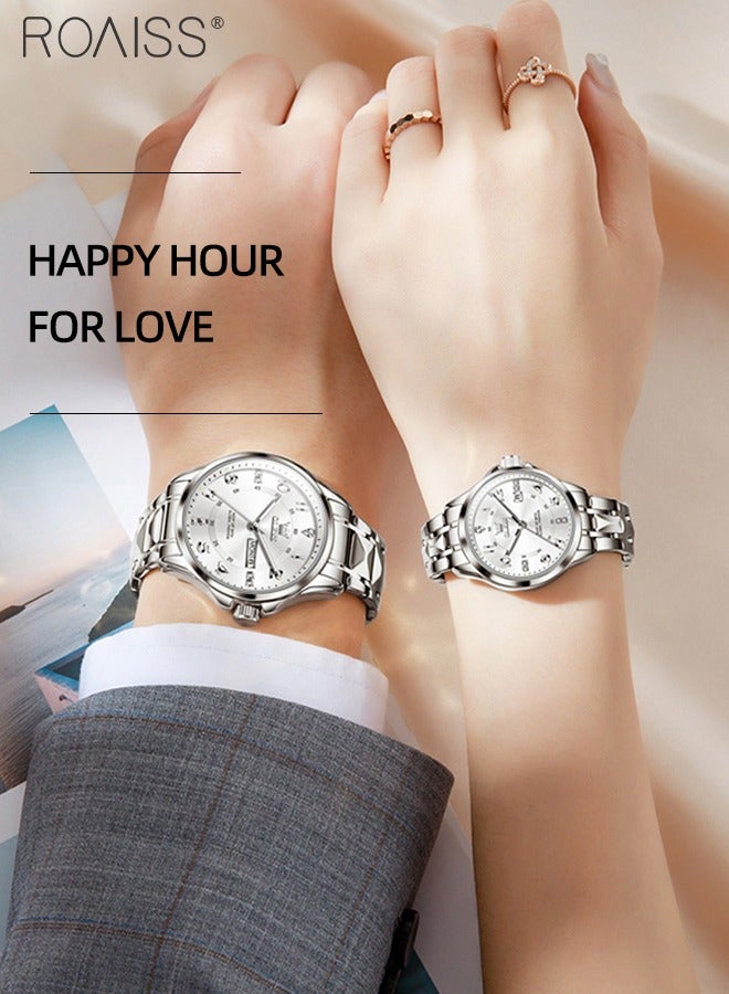 Stainless Steel Strap Couple Quartz Watch Set, Analog Display Round Dial with Rhinestones Decoration, Luxurious Luminous Waterproof Calendar Watch Gift for Men Women, Silver