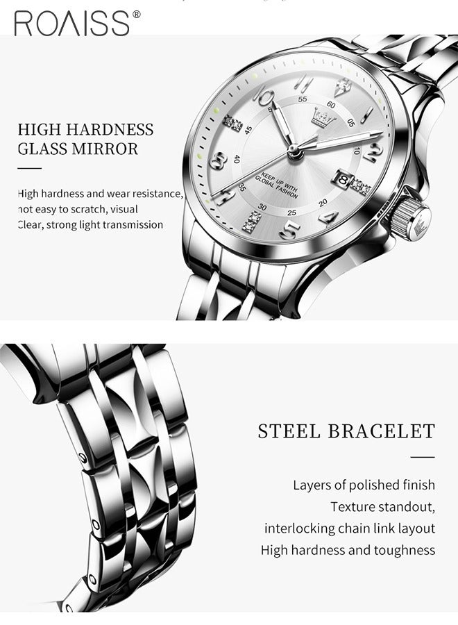 Stainless Steel Strap Couple Quartz Watch Set, Analog Display Round Dial with Rhinestones Decoration, Luxurious Luminous Waterproof Calendar Watch Gift for Men Women, Silver