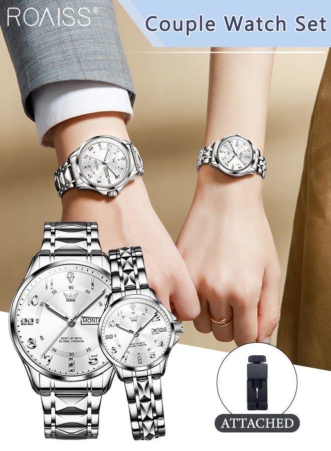 Stainless Steel Strap Couple Quartz Watch Set, Analog Display Round Dial with Rhinestones Decoration, Luxurious Luminous Waterproof Calendar Watch Gift for Men Women, Silver