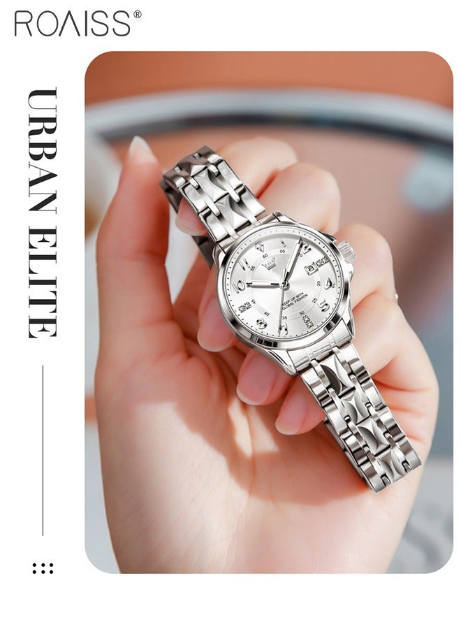 Stainless Steel Strap Couple Quartz Watch Set, Analog Display Round Dial with Rhinestones Decoration, Luxurious Luminous Waterproof Calendar Watch Gift for Men Women, Silver