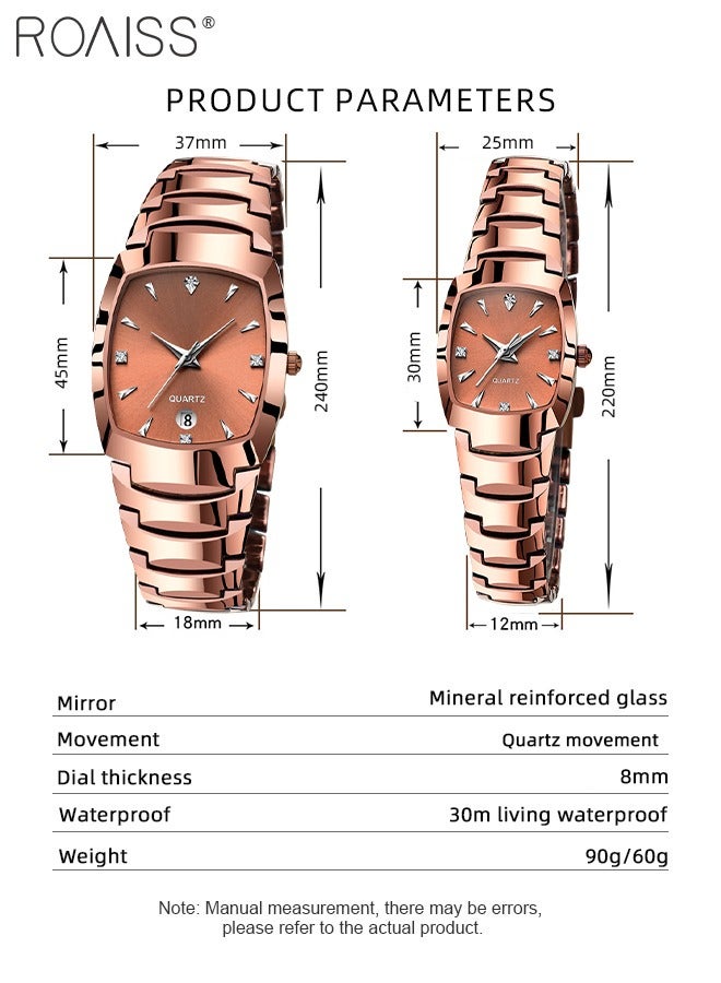 Stainless Steel Strap Couple Quartz Watch Set, Analog Display Rectangle Dial, Waterproof Luxurious Wristwatch with Calendar as Gift for Men Women
