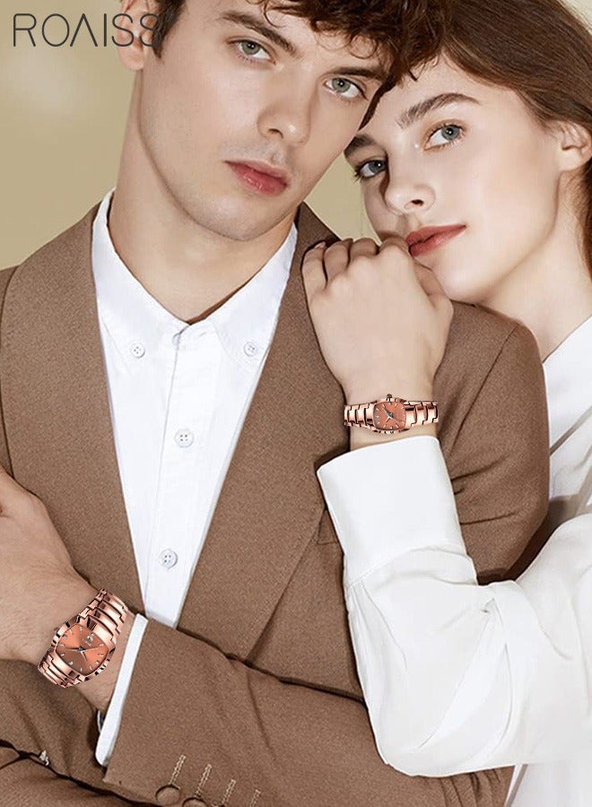 Stainless Steel Strap Couple Quartz Watch Set, Analog Display Rectangle Dial, Waterproof Luxurious Wristwatch with Calendar as Gift for Men Women