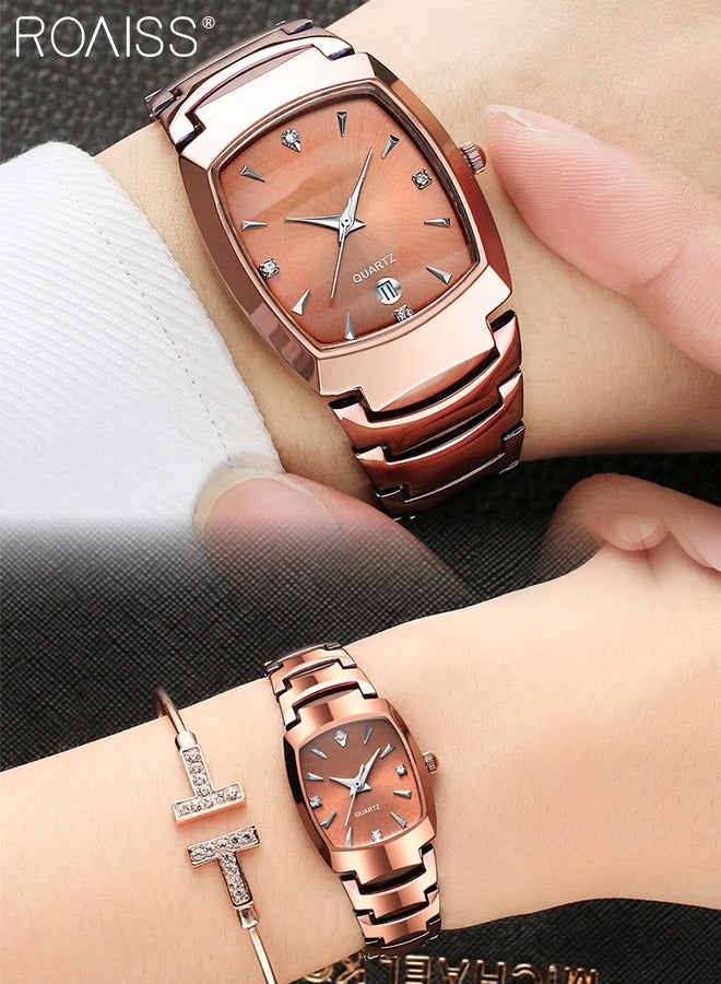 Stainless Steel Strap Couple Quartz Watch Set, Analog Display Rectangle Dial, Waterproof Luxurious Wristwatch with Calendar as Gift for Men Women