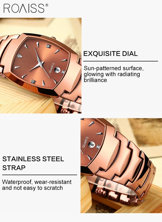 Stainless Steel Strap Couple Quartz Watch Set, Analog Display Rectangle Dial, Waterproof Luxurious Wristwatch with Calendar as Gift for Men Women