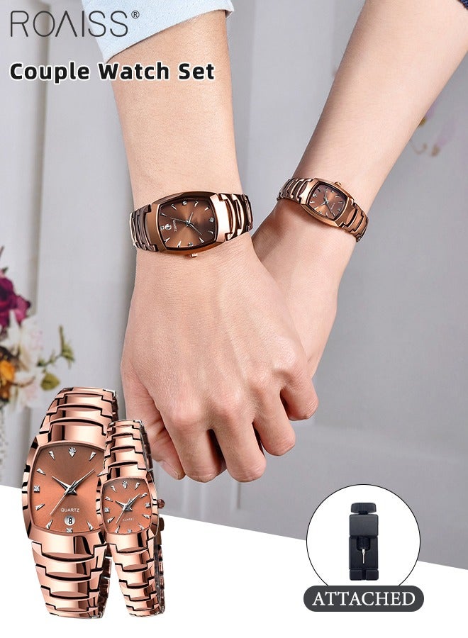 Stainless Steel Strap Couple Quartz Watch Set, Analog Display Rectangle Dial, Waterproof Luxurious Wristwatch with Calendar as Gift for Men Women