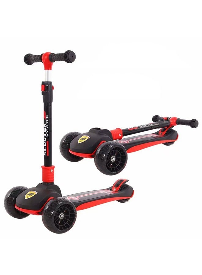 Children's Scooter, Foldable Scooter - With Flashing Leather (Black) Suitable For Height 90-120cm