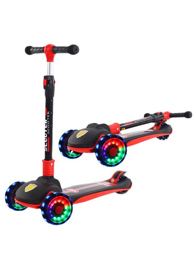 Children's Scooter, Foldable Scooter - With Flashing Leather (Black) Suitable For Height 90-120cm