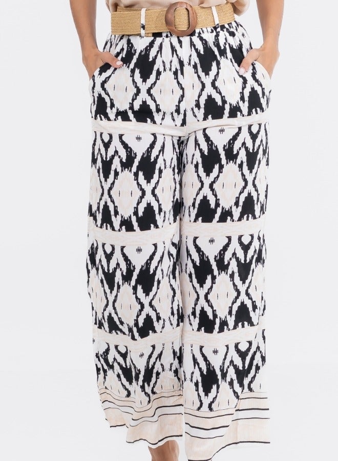 Boho Print High-Waisted Wide Leg Pants with Belt - Black and Beige