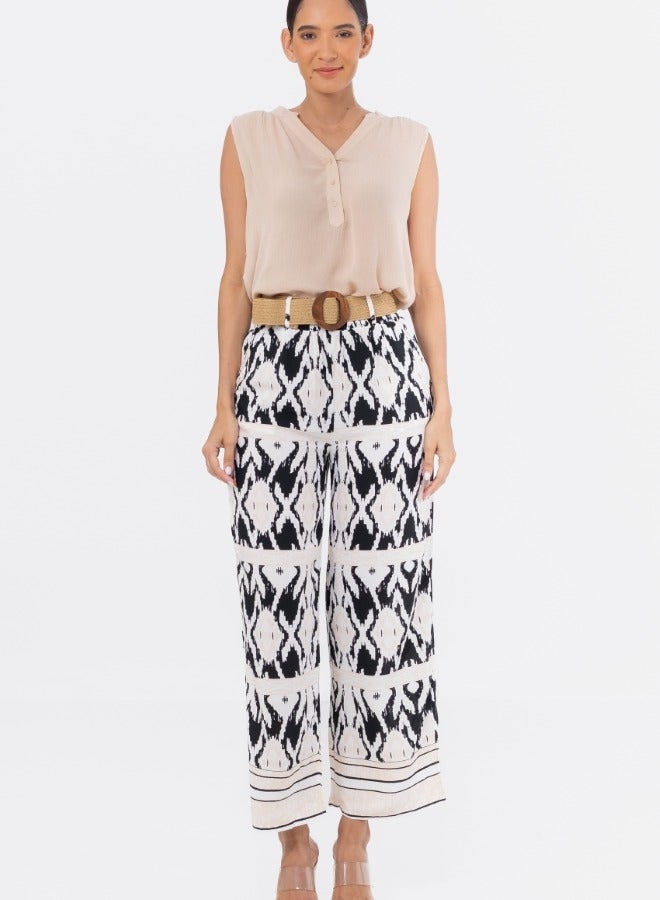 Boho Print High-Waisted Wide Leg Pants with Belt - Black and Beige