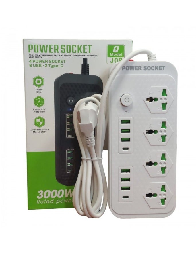 Power Socket J08 on 4 pcs More + 6 USB 3.4A and 2 Type-C