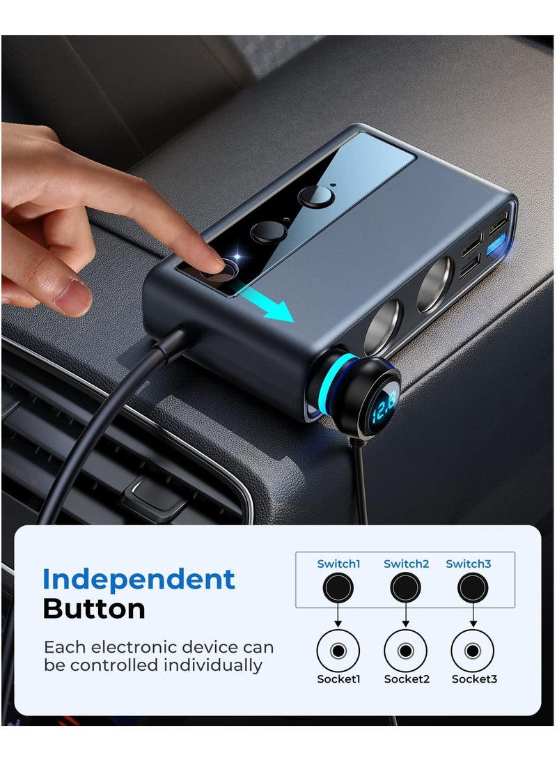 9 in 1 Car Charger Adapter, 3 Socket Cigarette Lighter Splitter with PD/QC 3.0 * 2 Charge(3.3FT Cable), Cast Charge, Independent Switches DC Cigarette Outlet Car Charger for All Car Devices