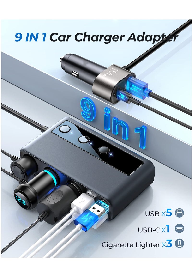 9 in 1 Car Charger Adapter, 3 Socket Cigarette Lighter Splitter with PD/QC 3.0 * 2 Charge(3.3FT Cable), Cast Charge, Independent Switches DC Cigarette Outlet Car Charger for All Car Devices