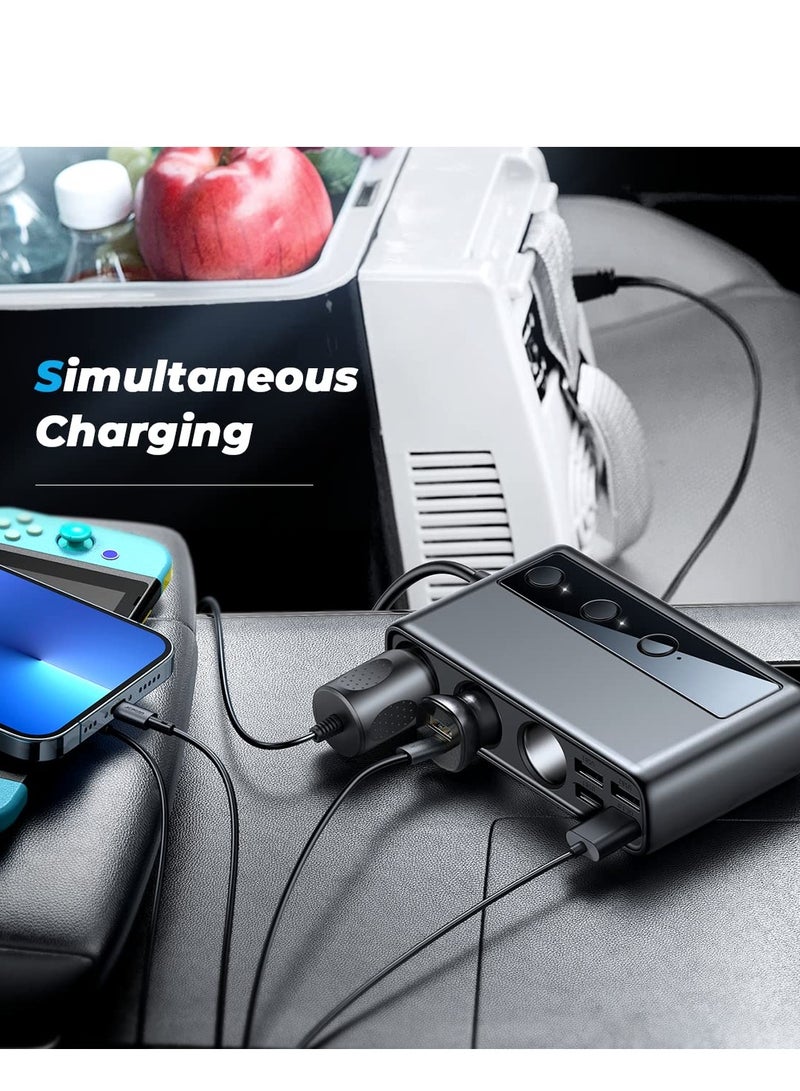 9 in 1 Car Charger Adapter, 3 Socket Cigarette Lighter Splitter with PD/QC 3.0 * 2 Charge(3.3FT Cable), Cast Charge, Independent Switches DC Cigarette Outlet Car Charger for All Car Devices